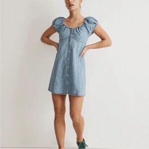 Madewell babydoll denim dress puff sleeve Margie light blue button front cowgirl